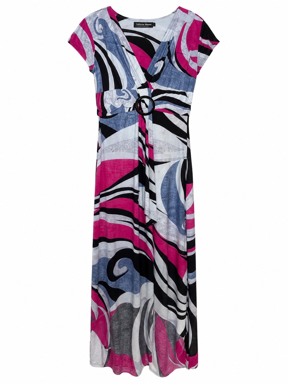 California Woman Womens Large Maxi Dress Abstract Swirl Print Ring Detail